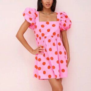 Pitusa Pink Polka Dot Babydoll Mini Dress Puff Sleeves Open Back Size Small NWT